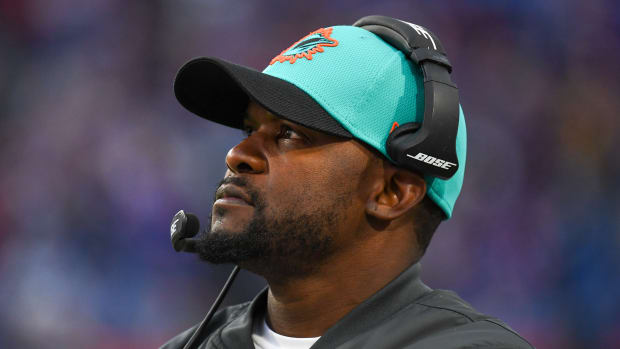Miami Dolphins head coach Brian Flores looks at the video board against the Buffalo Bills during the second half at Highmark Stadium.